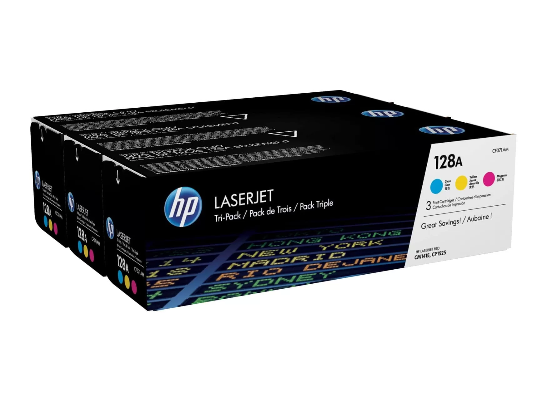 HP toner cartridge multipack cyan / magenta / yellow (CF371AM, 128A) 3 HP toner cartridge multipack cyan / magenta / yellow (CF371AM, 128A)