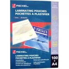 REXEL 41621 LAMINATING POUCH A4 GLOSS 75 MICRON PK100