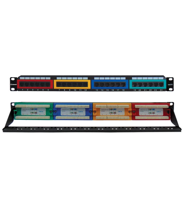 Περιγραφή Patch Panel  CAT6, UTP  Τερματισμός καλωδίων: KRONE Με διαχειριστή καλωδίων Μήκος: 48.26cm / 19in. Θύρες: 24 Ύψος: 4.45cm / 1U