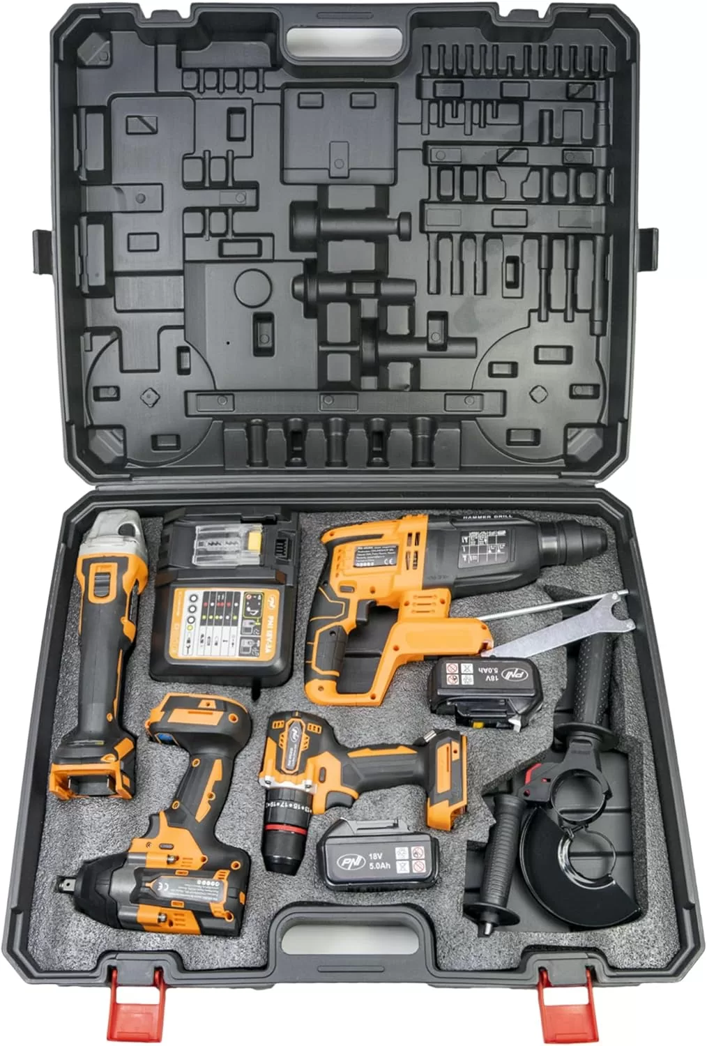 PNI WK450 Σετ Εργαλείων Μπαταρίας 18V (4-in-1) με 2x 5.0Ah & Βαλίτσα 7 Βαλίτσα μεταφοράς με εργαλεία μπαταρίας PNI και 2 μπαταρίες