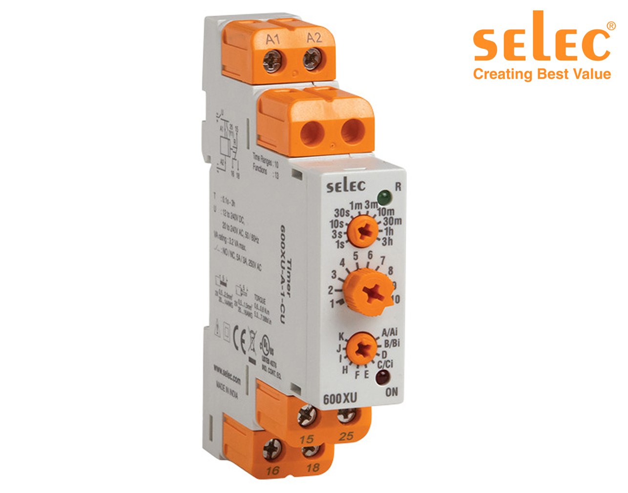 ΧΡΟΝΙΚΟ RELAY ΡΑΓΑΣ 13 ΛΕΙΤΟΥΡΓΙΩΝ 1C/O 20-240VAC/ 12-240VDC 600XU-A-1-CU SELEC