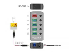 DELOCK USB hub 63263 με διακόπτες, 6x θυρών, 5Gbps, 12V/2.25A PD, γκρι 2
