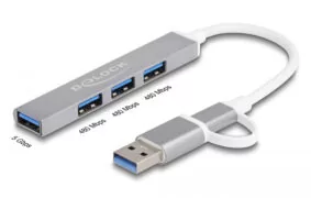 DELOCK USB hub 64214, 4x θυρών, 5Gbps, USB & USB-C σύνδεση, γκρι 3