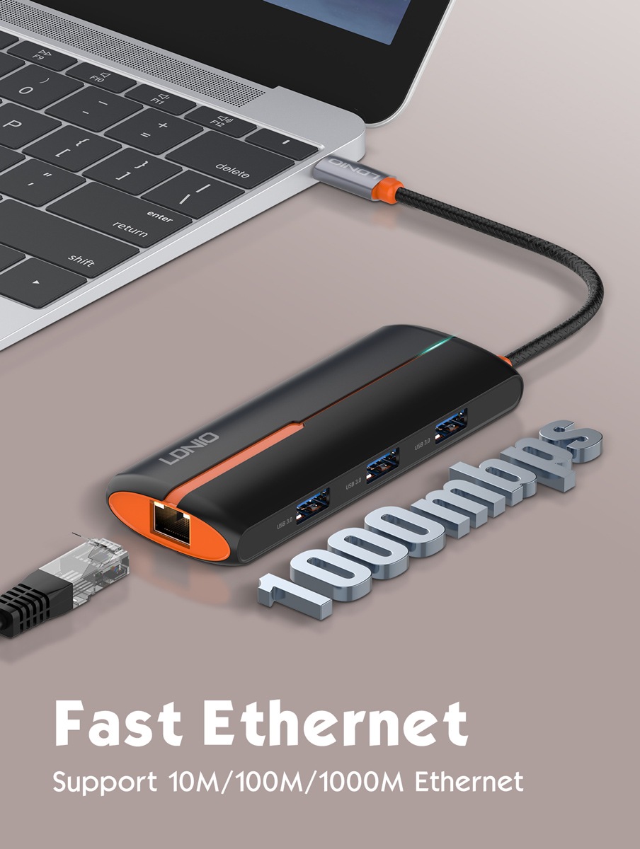 LDNIO USB hub DS-26U με θύρα δικτύου, 6 θυρών, USB-C σύνδεση, 100W PD, λευκό 6 LDNIO USB hub DS-26U με θύρα δικτύου, 6 θυρών, USB-C σύνδεση, 100W PD, λευκό - Image 4