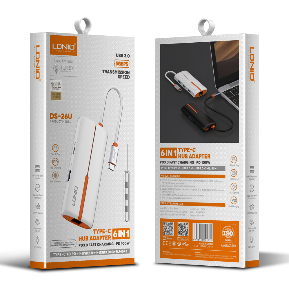 LDNIO USB hub DS-26U με θύρα δικτύου, 6 θυρών, USB-C σύνδεση, 100W PD, λευκό 11 LDNIO USB hub DS-26U με θύρα δικτύου, 6 θυρών, USB-C σύνδεση, 100W PD, λευκό - Image 9