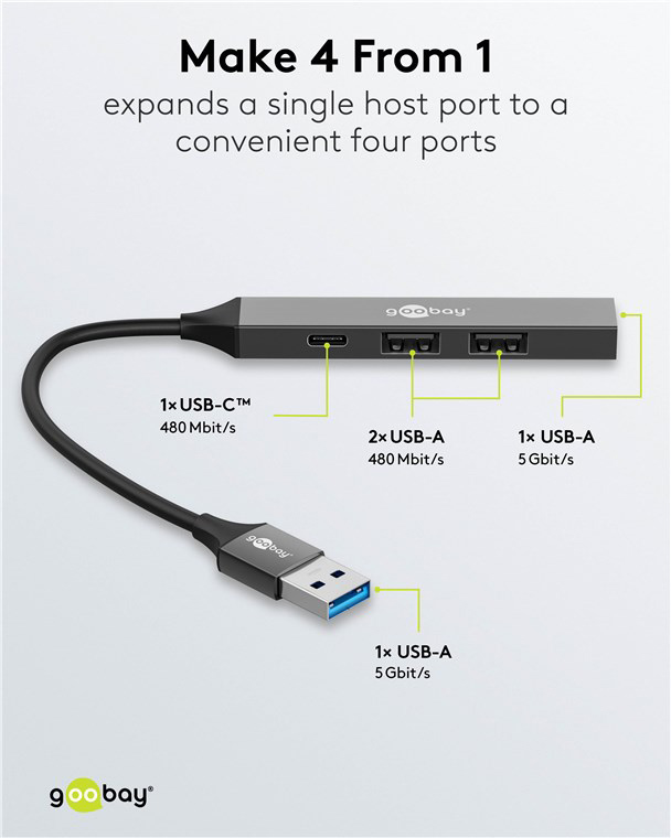 GOOBAY USB hub 74458, 4x θυρών, USB 3.2, 5Gbps, USB σύνδεση, γκρι 5 GOOBAY USB hub 74458, 4x θυρών, USB 3.2, 5Gbps, USB σύνδεση, γκρι - Image 3