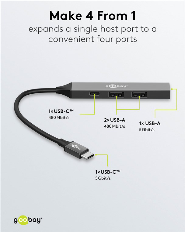 GOOBAY USB hub 74459, 4x θυρών, USB 3.2, 5Gbps, USB-C σύνδεση, γκρι 5 GOOBAY USB hub 74459, 4x θυρών, USB 3.2, 5Gbps, USB-C σύνδεση, γκρι - Image 3