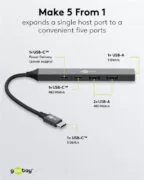 GOOBAY USB hub 74460, 5x θυρών, USB 3.2, 5Gbps, 100W, USB-C σύνδεση, γκρι 3