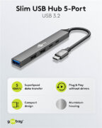 GOOBAY USB hub 74460, 5x θυρών, USB 3.2, 5Gbps, 100W, USB-C σύνδεση, γκρι 5