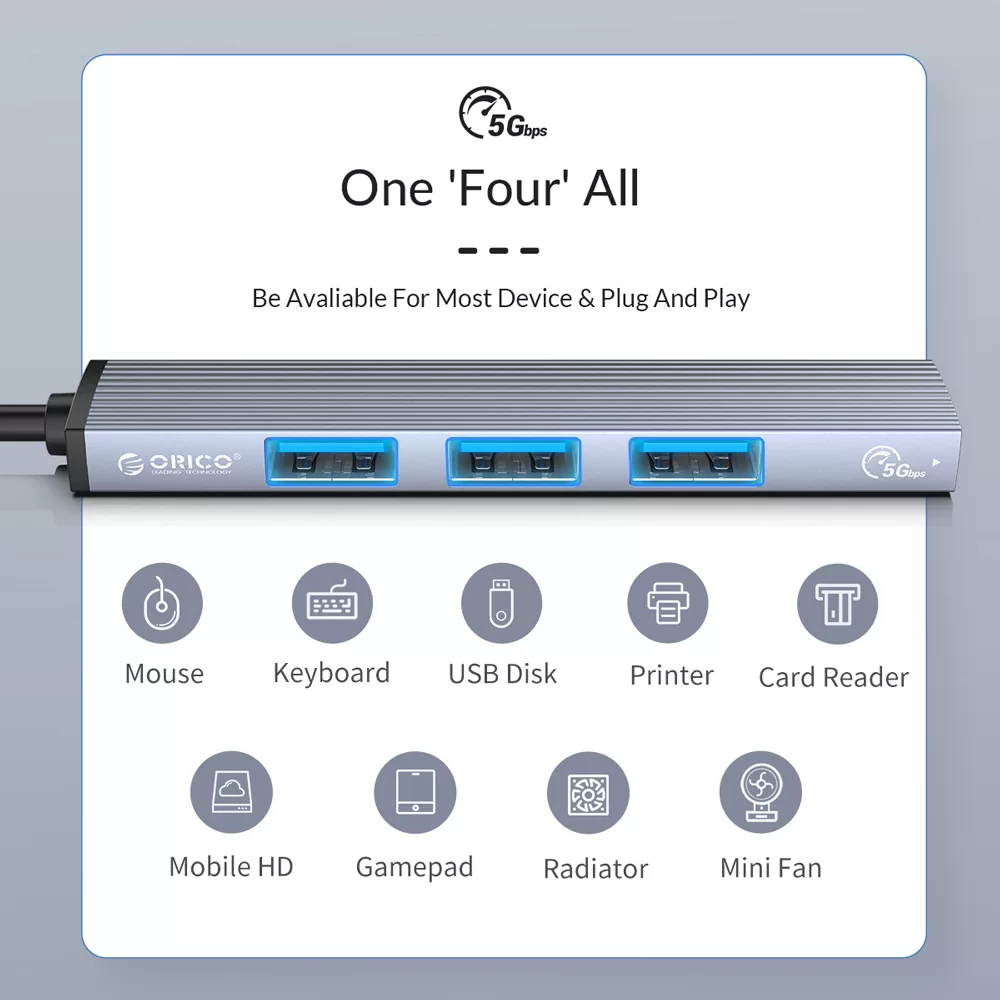 ORICO USB hub AH-13, 4x θυρών, USB 3.0, 5Gbps, USB-C σύνδεση, γκρι 5 ORICO USB hub AH-13, 4x θυρών, USB 3.0, 5Gbps, USB-C σύνδεση, γκρι - Image 3