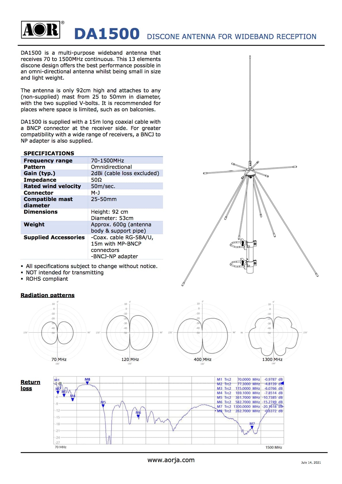 AOR DA1500 – Ευρυζωνική Κεραία Discone Λήψης 70-1500MHz για Scanner 5 AOR DA1500 – Ευρυζωνική Κεραία Discone Λήψης 70-1500MHz για Scanner - Image 3