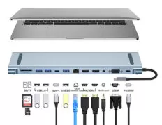 POWERTECH docking station BYL-2003U2, 12 θυρών, βάση laptop, USB-C, γκρι 2
