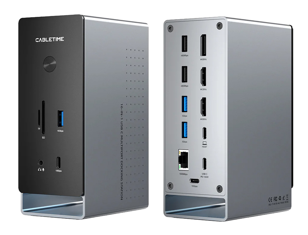 CABLETIME docking station CT-DK181-AG, 16 θυρών, USB-C σύνδεση, 100W PD, 1000Mbps, MST, γκρι 3 CABLETIME docking station CT-DK181-AG, 16 θυρών, USB-C σύνδεση, 100W PD, 1000Mbps, MST, γκρι