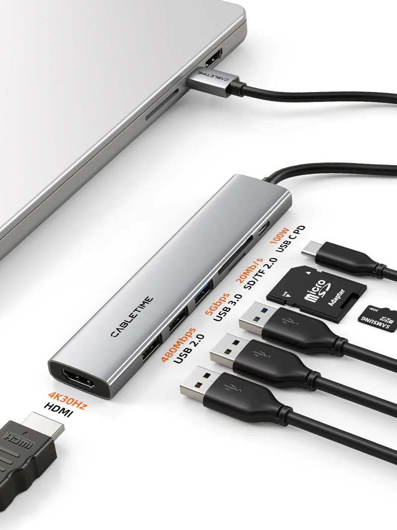 CABLETIME docking station CT-HBP2-AG7, 7 θυρών, USB-C, 4K, 100W, γκρι 4 CABLETIME docking station CT-HBP2-AG7, 7 θυρών, USB-C, 4K, 100W, γκρι - Image 2