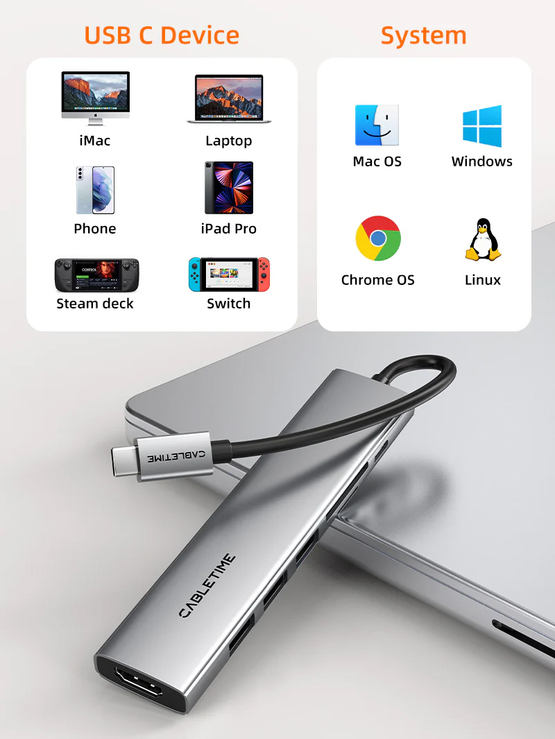 CABLETIME docking station CT-HBP2-AG7, 7 θυρών, USB-C, 4K, 100W, γκρι 10 CABLETIME docking station CT-HBP2-AG7, 7 θυρών, USB-C, 4K, 100W, γκρι - Image 8