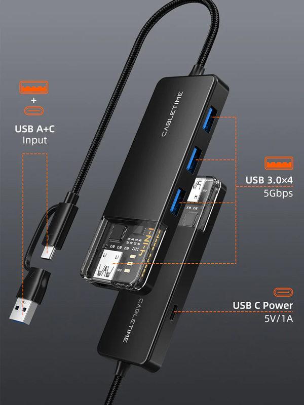 CABLETIME USB hub CT-HUBT3-PB, 4x θυρών, 5Gbps, USB/USB-C σύνδεση, μαύρο 5 CABLETIME USB hub CT-HUBT3-PB, 4x θυρών, 5Gbps, USB/USB-C σύνδεση, μαύρο - Image 3