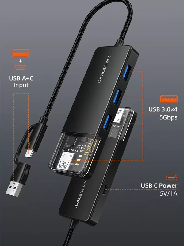 CABLETIME USB hub CT-HUBT3-PB, 4x θυρών, 5Gbps, USB/USB-C σύνδεση, μαύρο 5 CABLETIME USB hub CT-HUBT3-PB, 4x θυρών, 5Gbps, USB/USB-C σύνδεση, μαύρο - Image 3