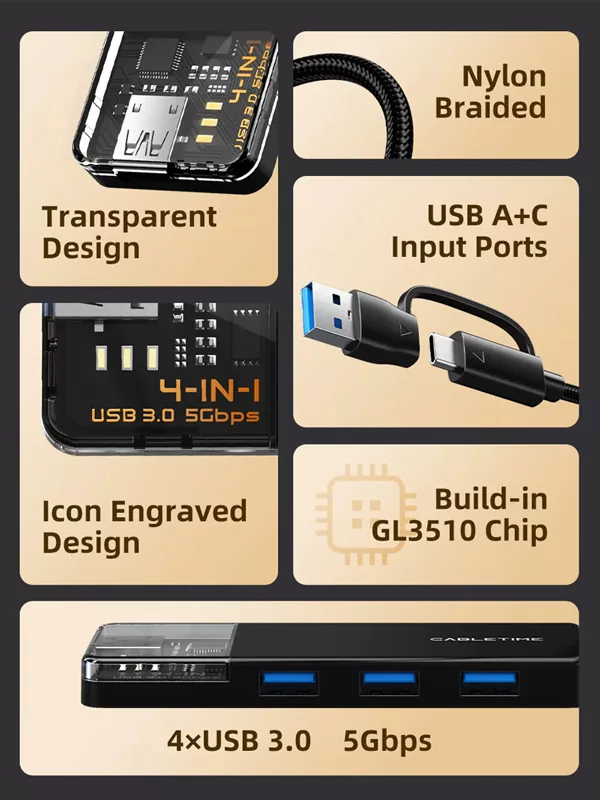 CABLETIME USB hub CT-HUBT3-PB, 4x θυρών, 5Gbps, USB/USB-C σύνδεση, μαύρο 6 CABLETIME USB hub CT-HUBT3-PB, 4x θυρών, 5Gbps, USB/USB-C σύνδεση, μαύρο - Image 4
