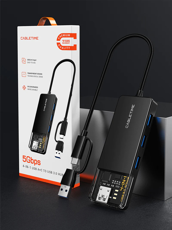 CABLETIME USB hub CT-HUBT3-PB, 4x θυρών, 5Gbps, USB/USB-C σύνδεση, μαύρο 8 CABLETIME USB hub CT-HUBT3-PB, 4x θυρών, 5Gbps, USB/USB-C σύνδεση, μαύρο - Image 6