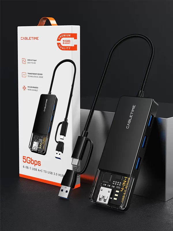 CABLETIME USB hub CT-HUBT3-PB, 4x θυρών, 5Gbps, USB/USB-C σύνδεση, μαύρο 8 CABLETIME USB hub CT-HUBT3-PB, 4x θυρών, 5Gbps, USB/USB-C σύνδεση, μαύρο - Image 6