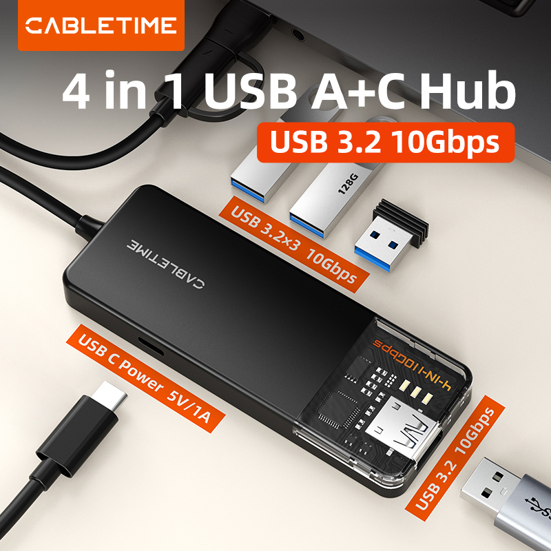 CABLETIME USB hub CT-HUBT5-PB, 4x θυρών, 10Gbps, USB/USB-C σύνδεση, μαύρο 4 CABLETIME USB hub CT-HUBT5-PB, 4x θυρών, 10Gbps, USB/USB-C σύνδεση, μαύρο - Image 2