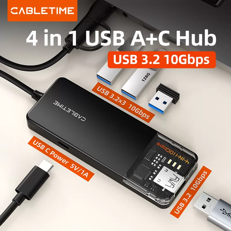CABLETIME USB hub CT-HUBT5-PB, 4x θυρών, 10Gbps, USB/USB-C σύνδεση, μαύρο 4 CABLETIME USB hub CT-HUBT5-PB, 4x θυρών, 10Gbps, USB/USB-C σύνδεση, μαύρο - Image 2
