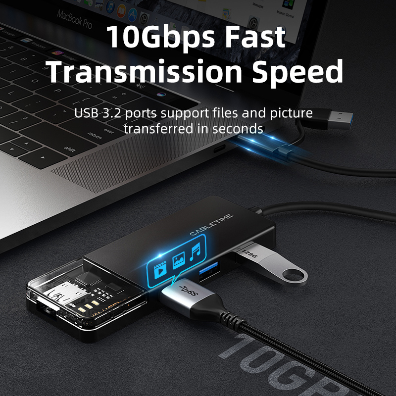CABLETIME USB hub CT-HUBT5-PB, 4x θυρών, 10Gbps, USB/USB-C σύνδεση, μαύρο 6 CABLETIME USB hub CT-HUBT5-PB, 4x θυρών, 10Gbps, USB/USB-C σύνδεση, μαύρο - Image 4