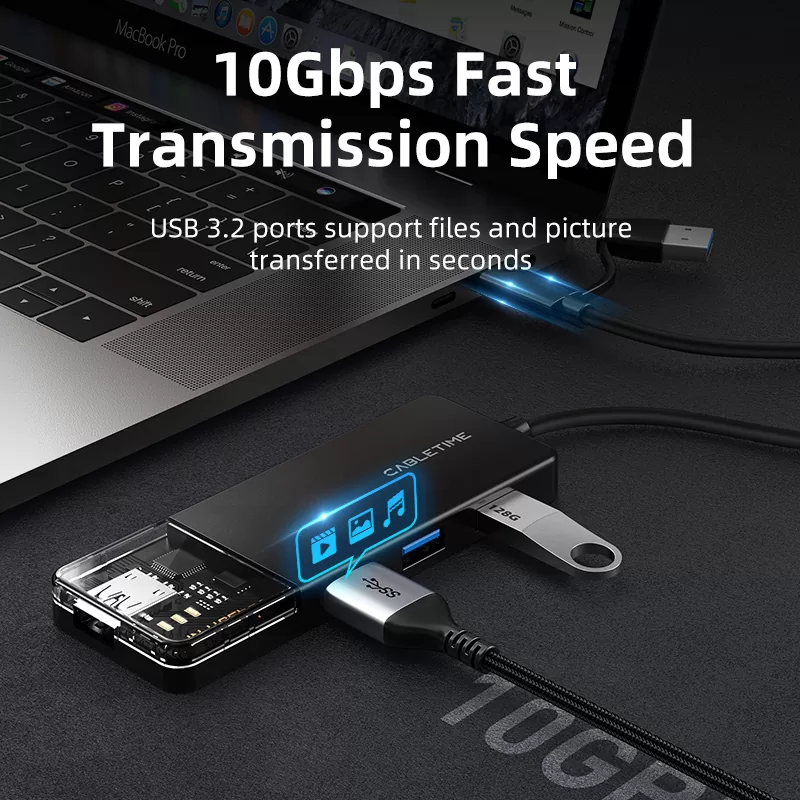 CABLETIME USB hub CT-HUBT5-PB, 4x θυρών, 10Gbps, USB/USB-C σύνδεση, μαύρο 6 CABLETIME USB hub CT-HUBT5-PB, 4x θυρών, 10Gbps, USB/USB-C σύνδεση, μαύρο - Image 4