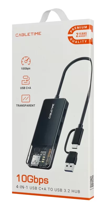 CABLETIME USB hub CT-HUBT5-PB, 4x θυρών, 10Gbps, USB/USB-C σύνδεση, μαύρο 12 CABLETIME USB hub CT-HUBT5-PB, 4x θυρών, 10Gbps, USB/USB-C σύνδεση, μαύρο - Image 10