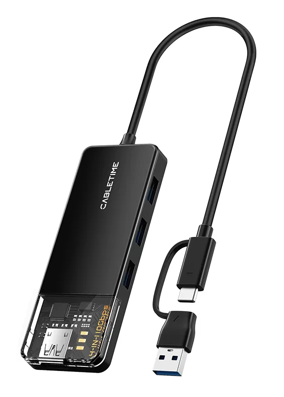 CABLETIME USB hub CT-HUBT5-PB, 4x θυρών, 10Gbps, USB/USB-C σύνδεση, μαύρο 3 CABLETIME USB hub CT-HUBT5-PB, 4x θυρών, 10Gbps, USB/USB-C σύνδεση, μαύρο