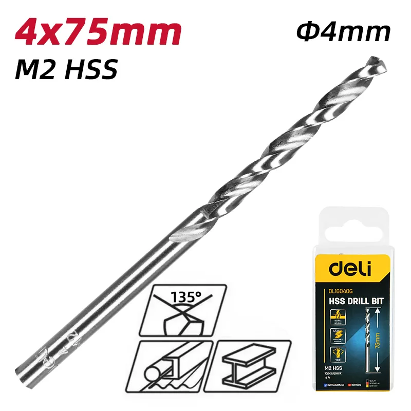 DELI σετ τρυπάνια DL16040G για μέταλλο, M2 HSS, 4x75mm, κυλινδρικό, 10τμχ 4 DELI σετ τρυπάνια DL16040G για μέταλλο, M2 HSS, 4x75mm, κυλινδρικό, 10τμχ - Image 2