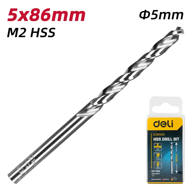 DELI σετ τρυπάνια DL16050G για μέταλλο, M2 HSS, 5x86mm, κυλινδρικό, 10τμχ 4 DELI σετ τρυπάνια DL16050G για μέταλλο, M2 HSS, 5x86mm, κυλινδρικό, 10τμχ - Image 2