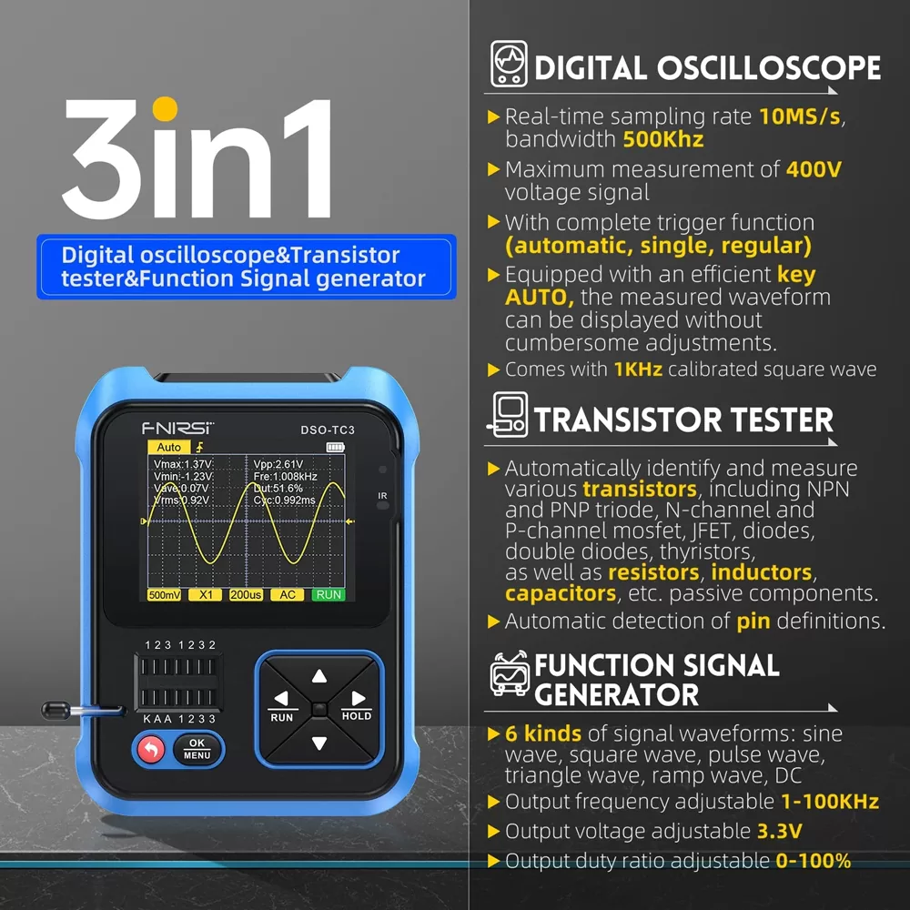 FNIRSI 3 σε 1 παλμογράφος/signal generator/transistor tester χειρός DSO-TC3, επαναφορτιζόμενο 4 FNIRSI 3 σε 1 παλμογράφος/signal generator/transistor tester χειρός DSO-TC3, επαναφορτιζόμενο - Image 2