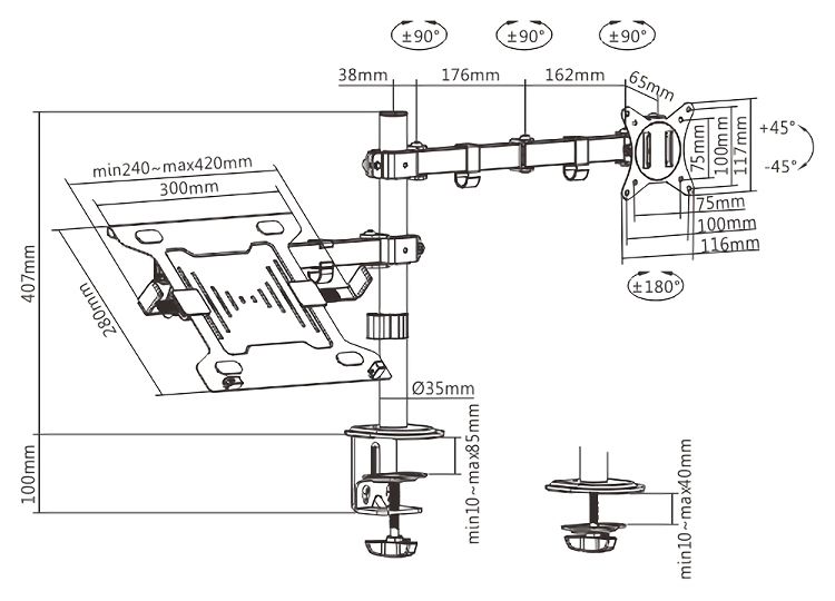 BRATECK βάση γραφείου οθόνης LDT66-C024ML, 17-32", έως 9kg, με θέση για laptop 8 BRATECK βάση γραφείου οθόνης LDT66-C024ML, 17-32", έως 9kg, με θέση για laptop - Image 6