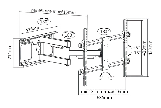 BRATECK επιτοίχια βάση τηλεόρασης LPA49-463D, 37-70", 60kg, heavy duty, full motion 6 BRATECK επιτοίχια βάση τηλεόρασης LPA49-463D, 37-70", 60kg, heavy duty, full motion - Image 4