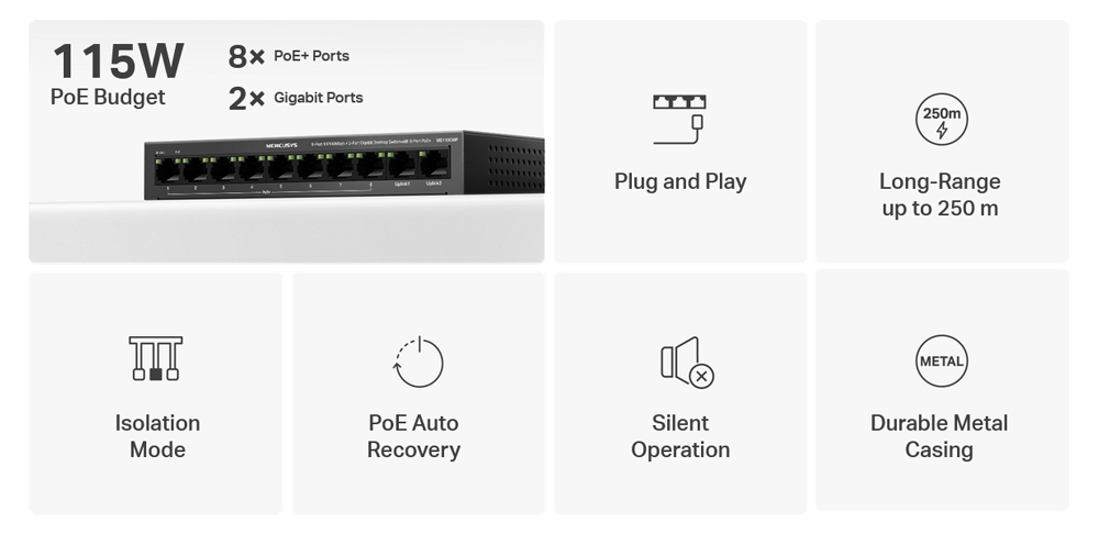 MERCUSYS Desktop Switch MS110CMP, 8x 10/100Mbps PoE+, 2x Gigabit, Ver. 1.0 4 MERCUSYS Desktop Switch MS110CMP, 8x 10/100Mbps PoE+, 2x Gigabit, Ver. 1.0 - Image 2