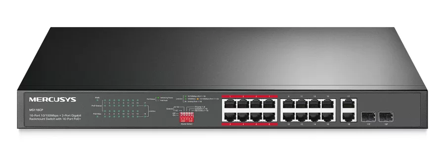 MERCUSYS rackmount switch MS118CP, 16x 10/100Mbps PoE+ & 2x Gigabit θύρες, UN/1.0 3 MERCUSYS rackmount switch MS118CP, 16x 10/100Mbps PoE+ & 2x Gigabit θύρες, UN/1.0