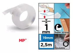 MP κολλητική ταινία διπλής όψεως PA524-02, nano gel, 19mm x 2.5m, διάφανη 2