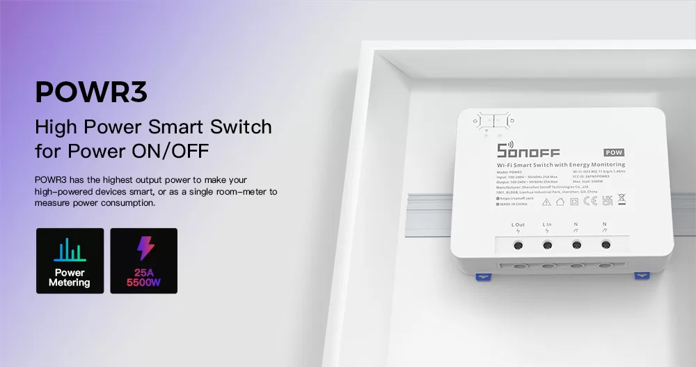 SONOFF smart διακόπτης παρακολούθησης ισχύος POWR3, WiFi, 25A, λευκός 4 SONOFF smart διακόπτης παρακολούθησης ισχύος POWR3, WiFi, 25A, λευκός - Image 2