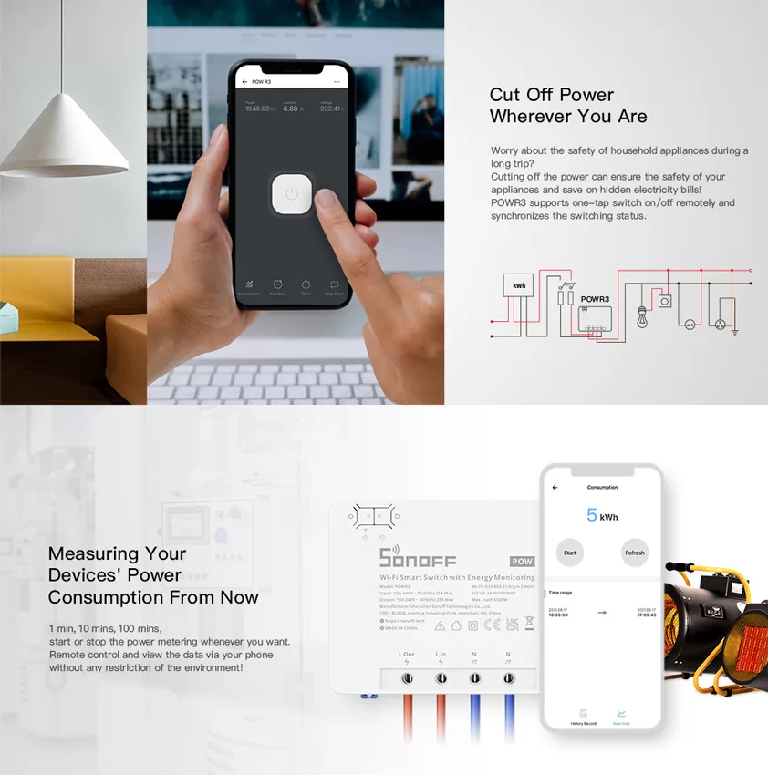SONOFF smart διακόπτης παρακολούθησης ισχύος POWR3, WiFi, 25A, λευκός 7 SONOFF smart διακόπτης παρακολούθησης ισχύος POWR3, WiFi, 25A, λευκός - Image 5