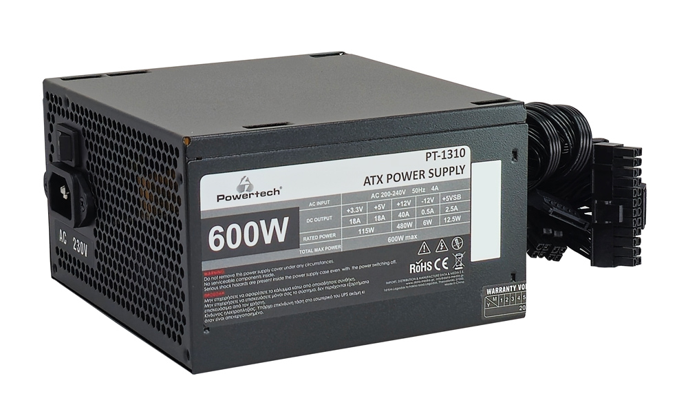 POWERTECH τροφοδοτικό PC PT-1310, 600W, ATX, 120mm Fan 3 POWERTECH τροφοδοτικό PC PT-1310, 600W, ATX, 120mm Fan