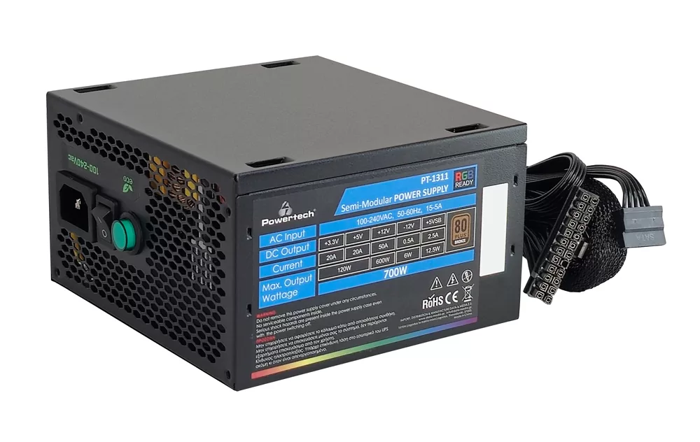 POWERTECH τροφοδοτικό PC PT-1311, 80PLUS Bronze, 700W, ATX, 120mm RGB Fan, Semi Modular 5 POWERTECH τροφοδοτικό PC PT-1311, 80PLUS Bronze, 700W, ATX, 120mm RGB Fan, Semi Modular - Image 3