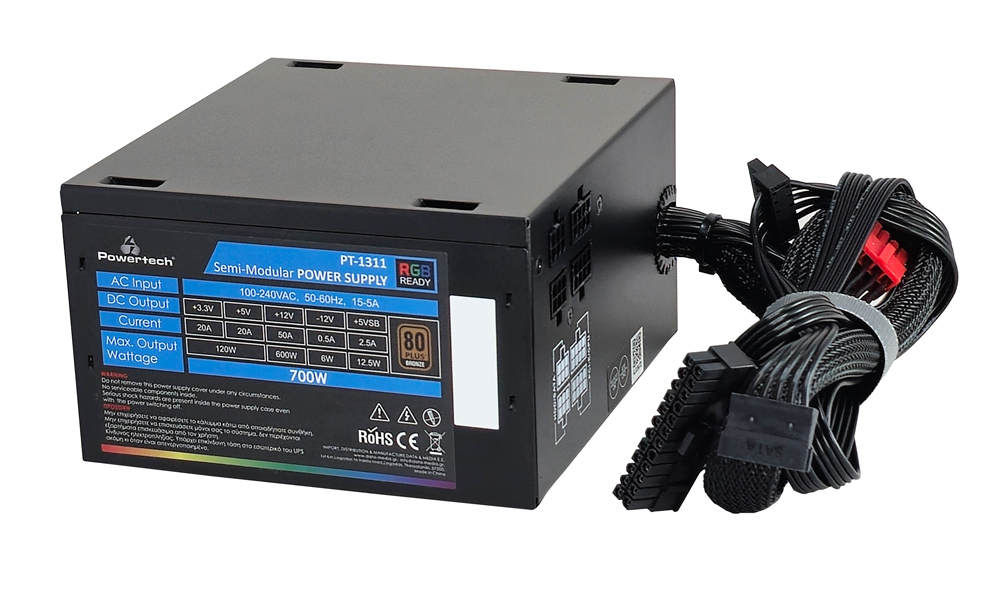 POWERTECH τροφοδοτικό PC PT-1311, 80PLUS Bronze, 700W, ATX, 120mm RGB Fan, Semi Modular 7 POWERTECH τροφοδοτικό PC PT-1311, 80PLUS Bronze, 700W, ATX, 120mm RGB Fan, Semi Modular - Image 5