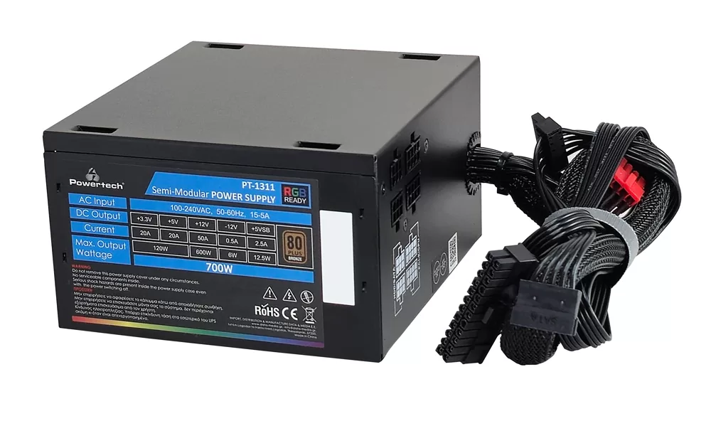POWERTECH τροφοδοτικό PC PT-1311, 80PLUS Bronze, 700W, ATX, 120mm RGB Fan, Semi Modular 7 POWERTECH τροφοδοτικό PC PT-1311, 80PLUS Bronze, 700W, ATX, 120mm RGB Fan, Semi Modular - Image 5