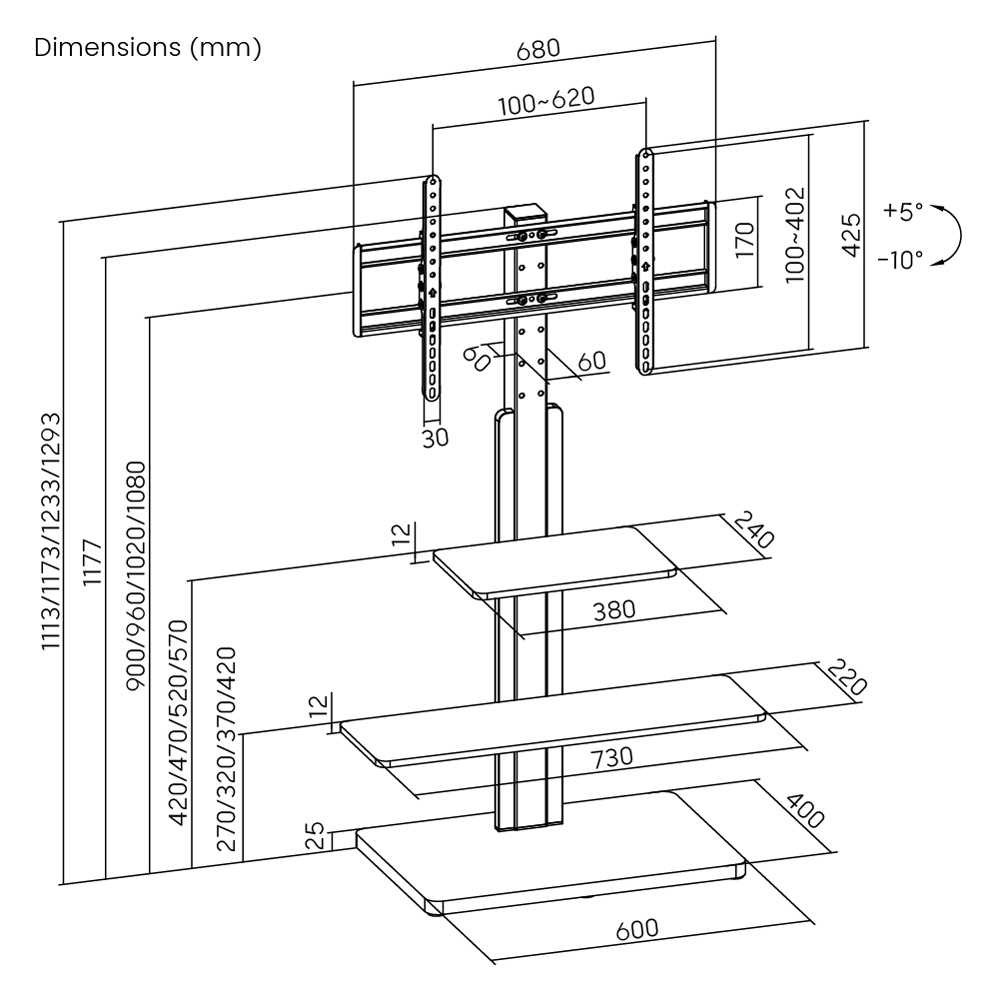 POWERTECH βάση τηλεόρασης δαπέδου PT-1422, 32-75", έως 40kg, με ράφια 6 POWERTECH βάση τηλεόρασης δαπέδου PT-1422, 32-75", έως 40kg, με ράφια - Image 4