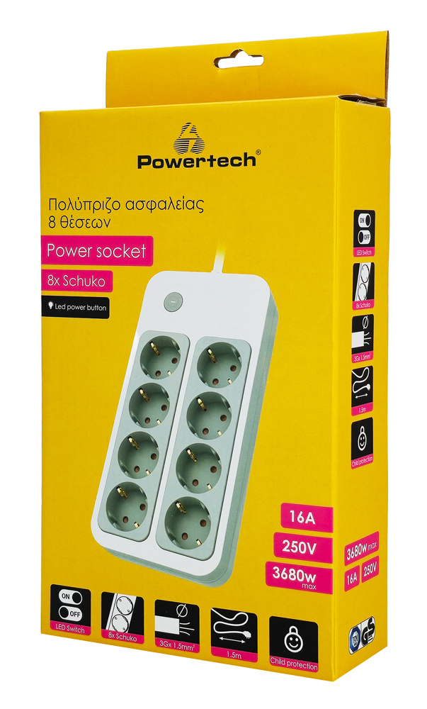 POWERTECH πολύπριζο ασφαλείας PT-1534, 8 θέσεων, 16A, 1.5m, λευκό 5 POWERTECH πολύπριζο ασφαλείας PT-1534, 8 θέσεων, 16A, 1.5m, λευκό - Image 3
