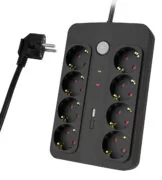 POWERTECH πολύπριζο ασφαλείας PT-1535, 8 θέσεων, με USB & USB-C θύρες, 16A, 1.5m, μαύρο