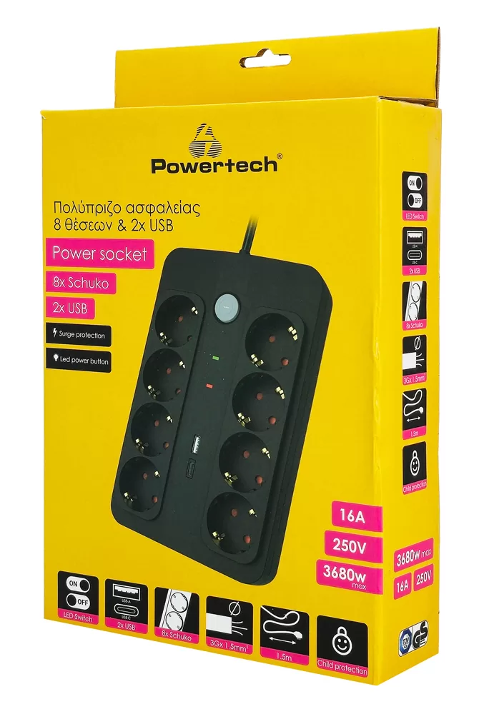 POWERTECH πολύπριζο ασφαλείας PT-1535, 8 θέσεων, με USB & USB-C θύρες, 16A, 1.5m, μαύρο 6 POWERTECH πολύπριζο ασφαλείας PT-1535, 8 θέσεων, με USB & USB-C θύρες, 16A, 1.5m, μαύρο - Image 4