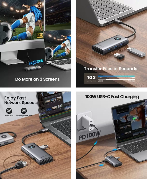 ORICO docking station PW11-6PR, 6 θυρών, USB-C σύνδεση, 100W PD 4K, γκρι 4 ORICO docking station PW11-6PR, 6 θυρών, USB-C σύνδεση, 100W PD 4K, γκρι - Image 2