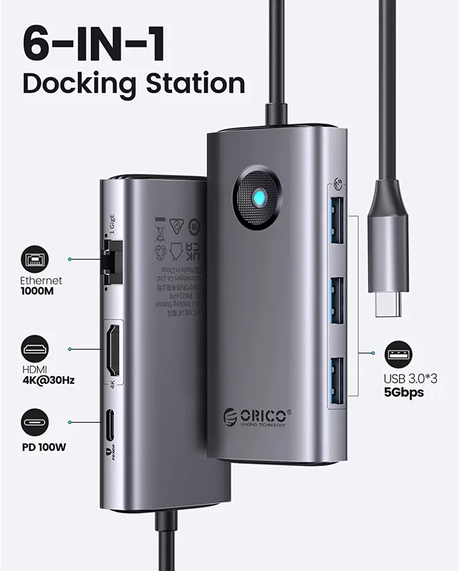 ORICO docking station PW11-6PR, 6 θυρών, USB-C σύνδεση, 100W PD 4K, γκρι 5 ORICO docking station PW11-6PR, 6 θυρών, USB-C σύνδεση, 100W PD 4K, γκρι - Image 3